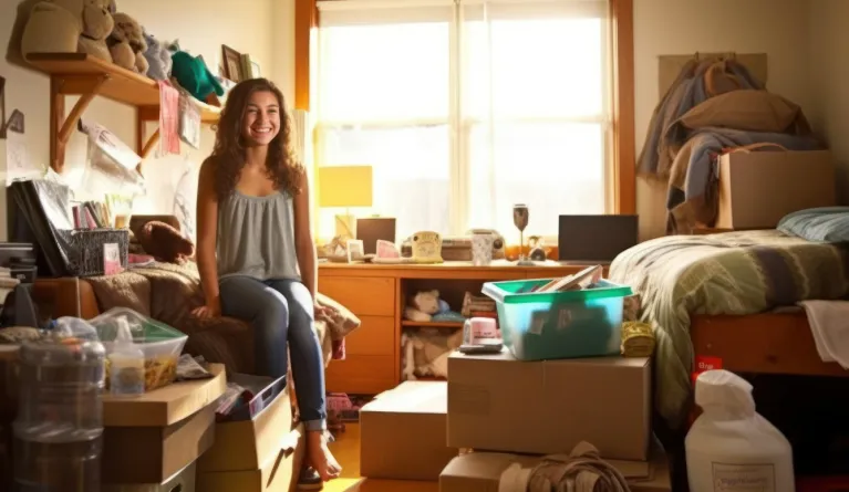 Studentin beginnt Studium in Deutschland und sitzt in ihrem neuen WG-Zimmer
