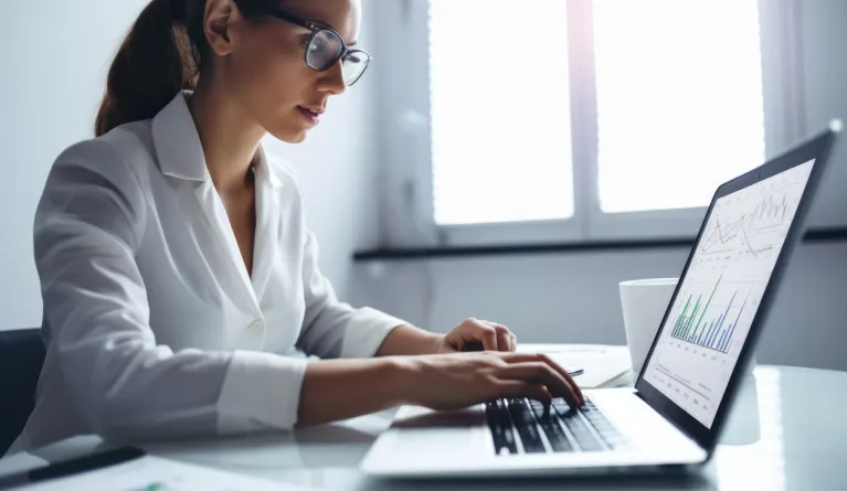 Studentin sieht sich an ihrem Laptop den Schwerpunkt Statistik für ihr BWL oder Psychologie Studium an 