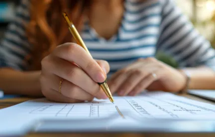 Eine studierende Mutter arbeitet mit einer Checkliste.