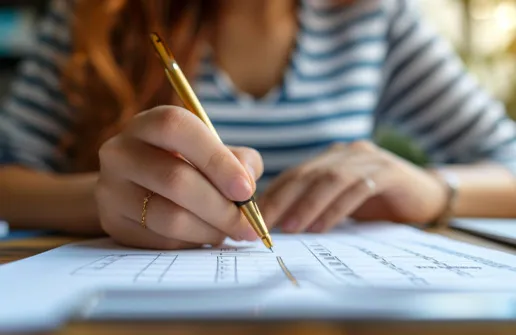 Eine studierende Mutter arbeitet mit einer Checkliste.